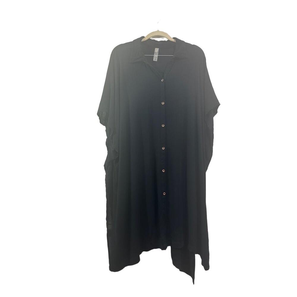 Raisins Swim Coverup Womens Size 1X Black Short Sleeve Collared Shirt Dress - Picture 5 of 12